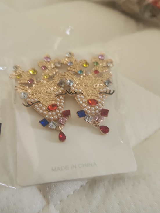 Accessories - Gold-Tone Multicolor Rhinestone Reindeer Earrings